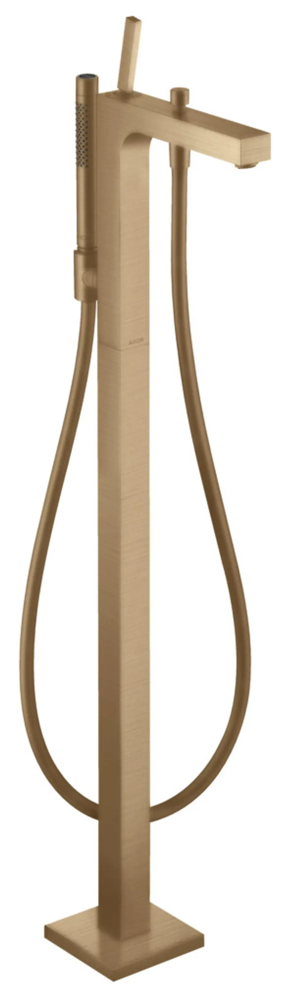 Bodenstehender Einhebel-Wannenmischer in gebürstetem Bronze-Finish von AXOR, mit einem schlanken, rechteckigen Design und einem flexiblen Handbrauseanschluss.